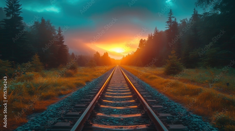 Poster a train track in the middle of a field with the sun setting in the distance and trees on the other s