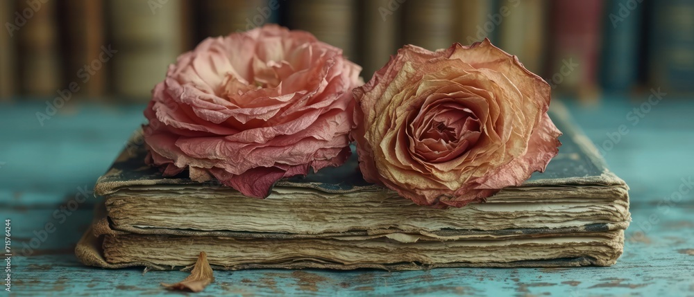 Poster a close up of two flowers on top of an old book on a table in front of a bookshelf with old books in