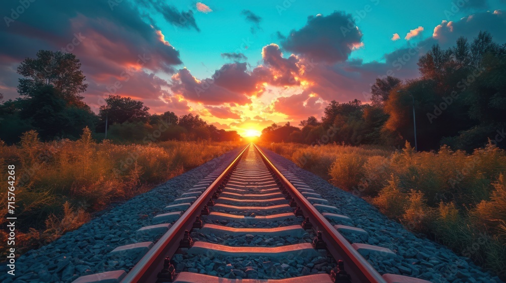 Poster a train track with the sun setting in the middle of the picture and trees on either side of the trac