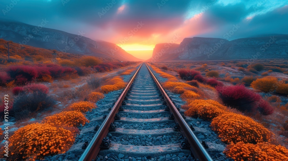 Poster a train track in the middle of a field with a sunset in the background and clouds in the sky over th