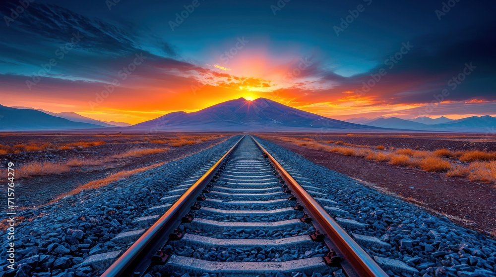 Poster a train track in the middle of a desert with a mountain in the background and the sun setting over t