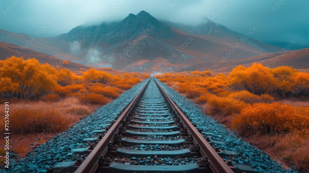 Poster a train track in the middle of a field with a mountain in the background with orange trees in the fo