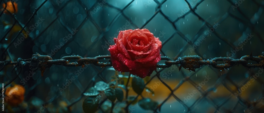 Poster a red rose sitting on top of a chain link fence next to a chain link fence with a chain link fence b