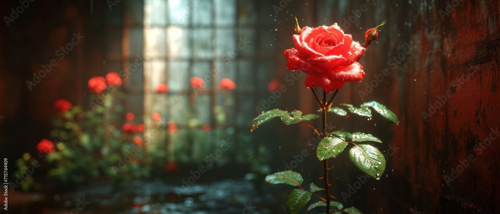 Poster a close up of a red rose on a stem in front of a window with green leaves on the outside of the stem