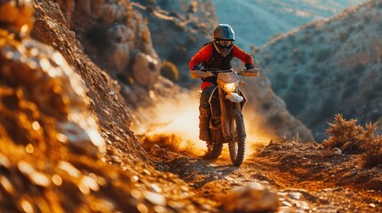 Motocross rider on a dirt road in the mountains at sunset. Motocross. Enduro. Extreme sport concept.