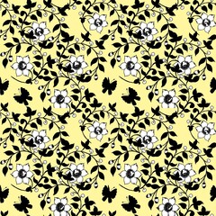 Seamless floral pattern in yellow and black theme 