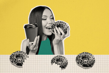 Creative art collage picture of dreamy girl holding sweet chocolate donut biting sugary and drink...