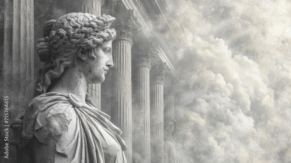 Poster a black and white photo of a statue in front of a building with columns and a sky filled with clouds
