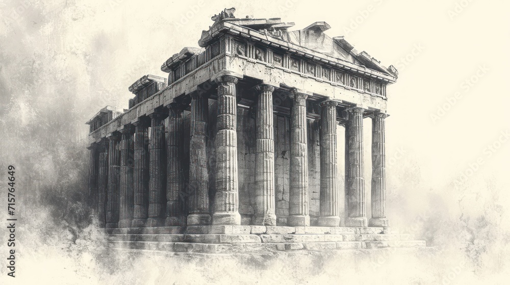Poster a black and white photo of a building with columns and a clock on the top of the building and a bird