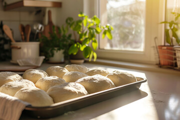 Raw yeast dough balls in tray before baking. Concept home baking bread. Generative AI