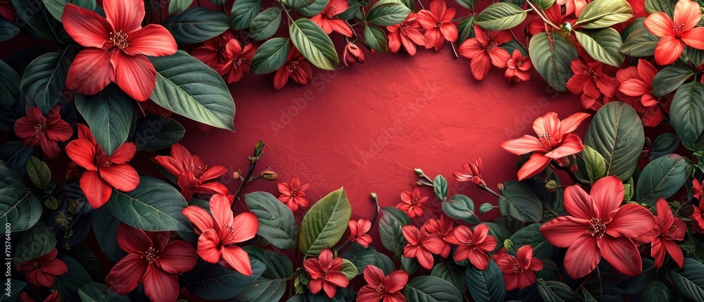 Poster a painting of red flowers and green leaves on a red background with a place for a text in the center