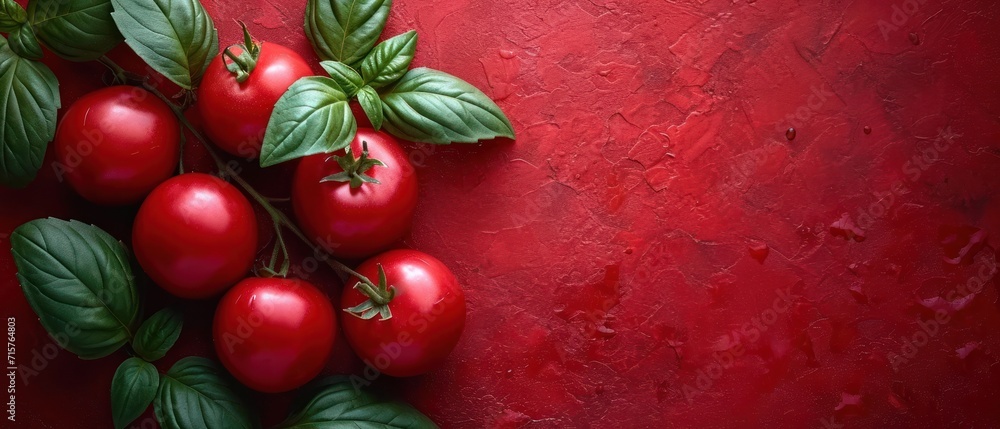 Poster a group of red tomatoes with green leaves on a red surface with a red wall in the background and a g