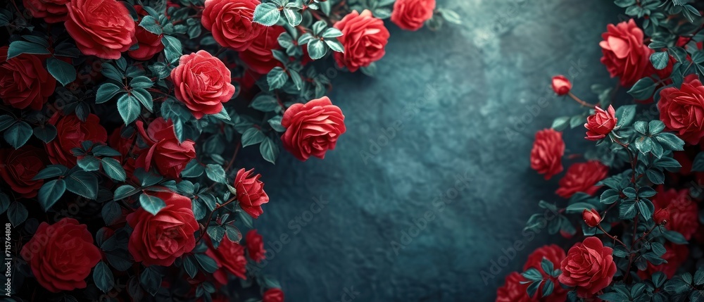 Poster a bunch of red roses with green leaves on a blue background with a place for a text on the left side
