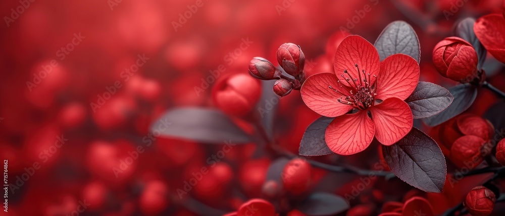 Poster a close up of a red flower on a branch with leaves and berries in the foreground and a blurry backgr