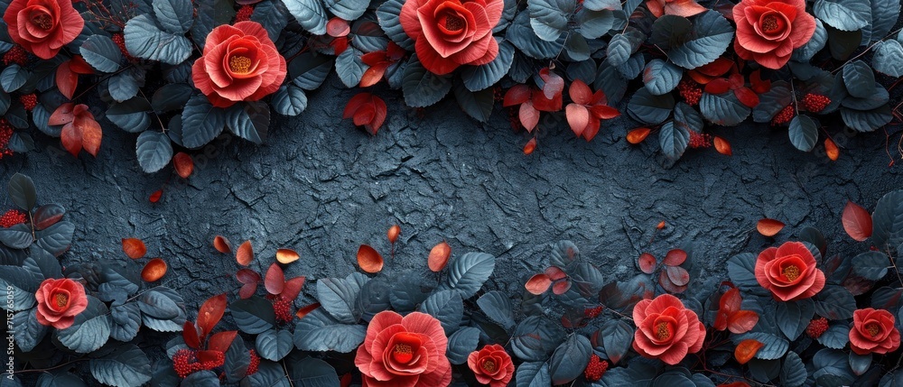 Poster a group of red flowers with leaves on a black background with a place for the text on the left side 