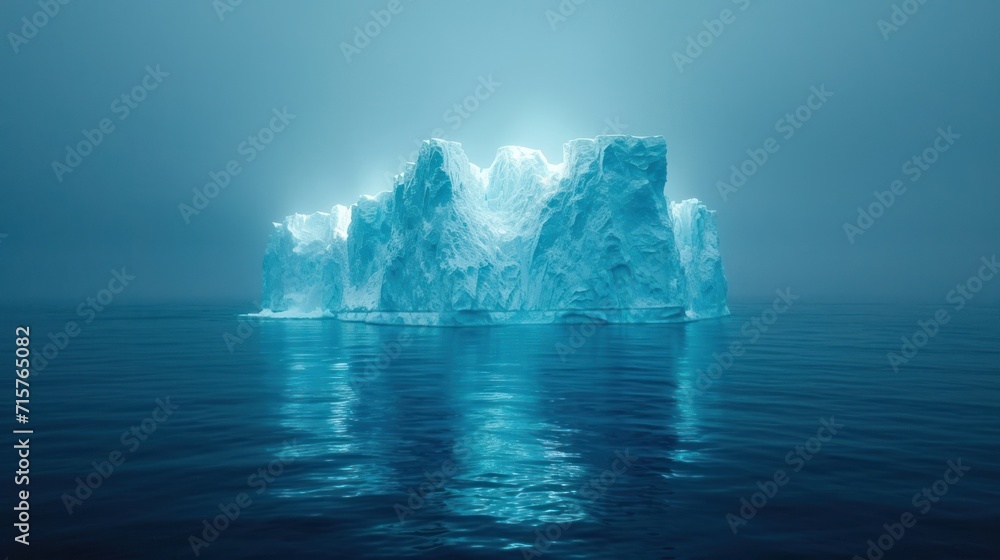 Poster a large iceberg floating in the middle of the ocean on a foggy day with the sun shining through the 
