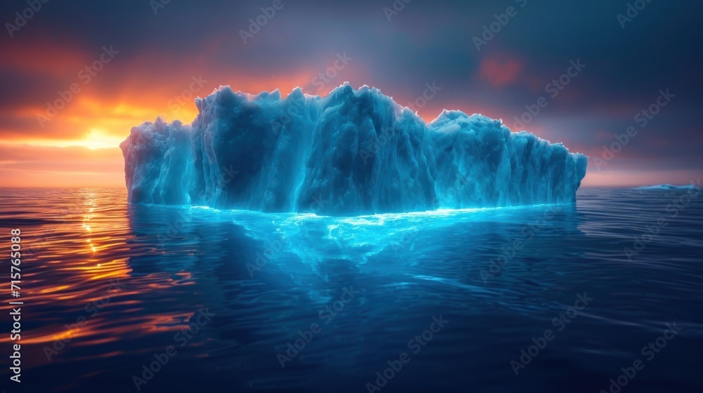Poster a large iceberg floating in the middle of a body of water with a sunset in the background and clouds