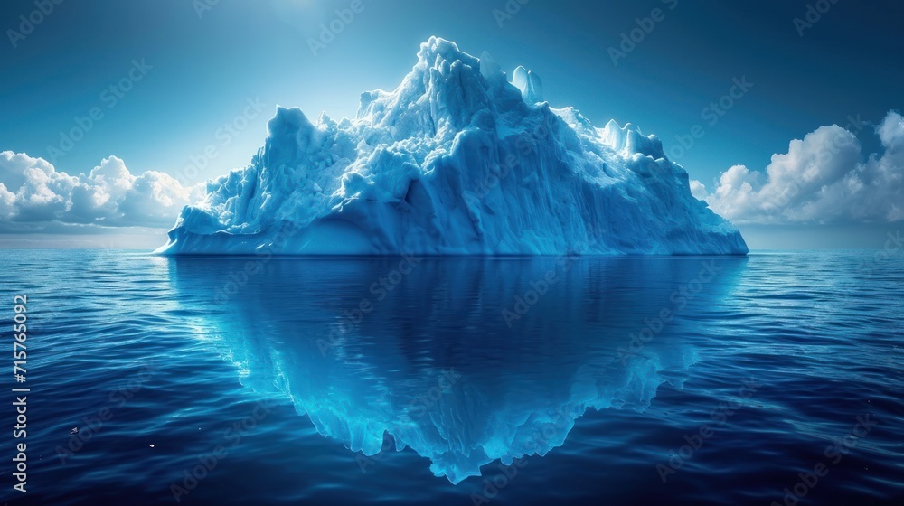 Aufkleber an iceberg floating in the middle of the ocean under a blue sky with clouds and the sun shining thro