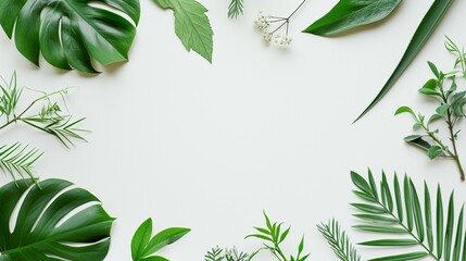 On a white background, summer fresh greens. Frame of leaves. Summer background. Summer backdrop