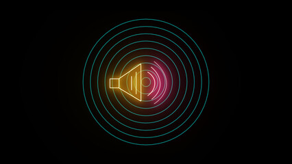 Isolated on a black backdrop, glowing neon speaker volume, audio speech sound symbol, and media music icon.