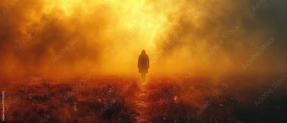 Sticker  a person standing in the middle of a field in the middle of a yellow and orange foggy sky with a person standing in the middle of the field in the distance.