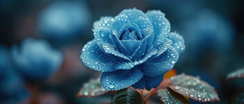  a close up of a blue rose with drops of water on it's petals and a green stem with leaves on the other side of the photo is a blurry background.