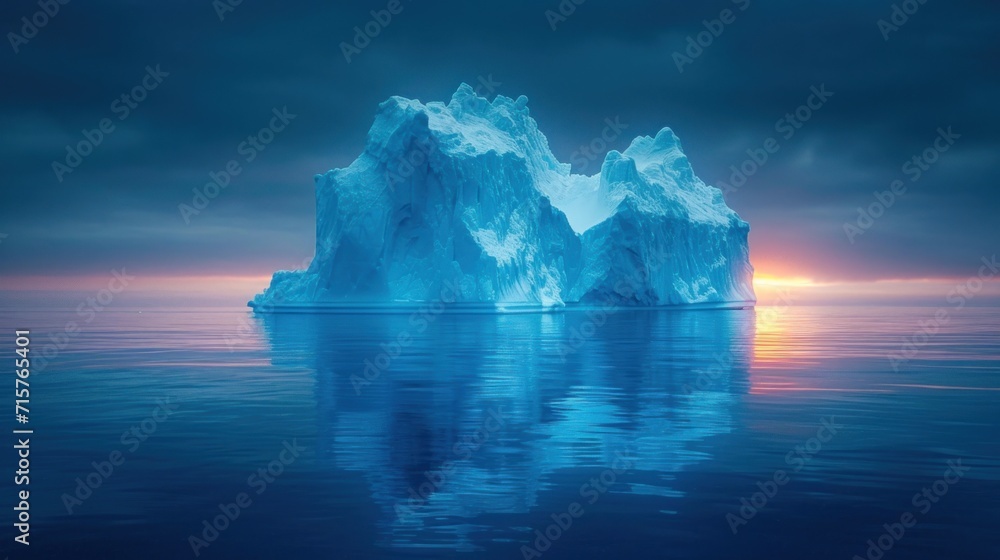 Poster a large iceberg floating in the middle of a body of water with a sun setting in the distance behind 
