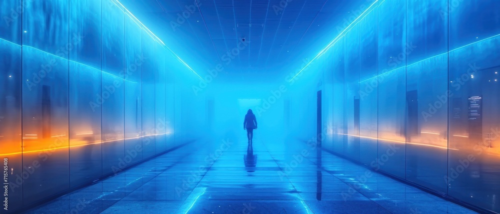 Canvas Prints  a person standing in the middle of a hallway with blue lights on either side of the hallway and a person standing in the middle of the hallway in the middle of the hallway.