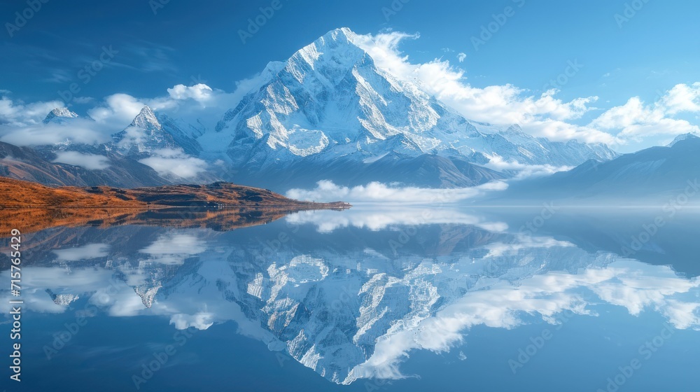 Aufkleber a mountain range is reflected in the still water of a lake in the foreground is a mountain range wit