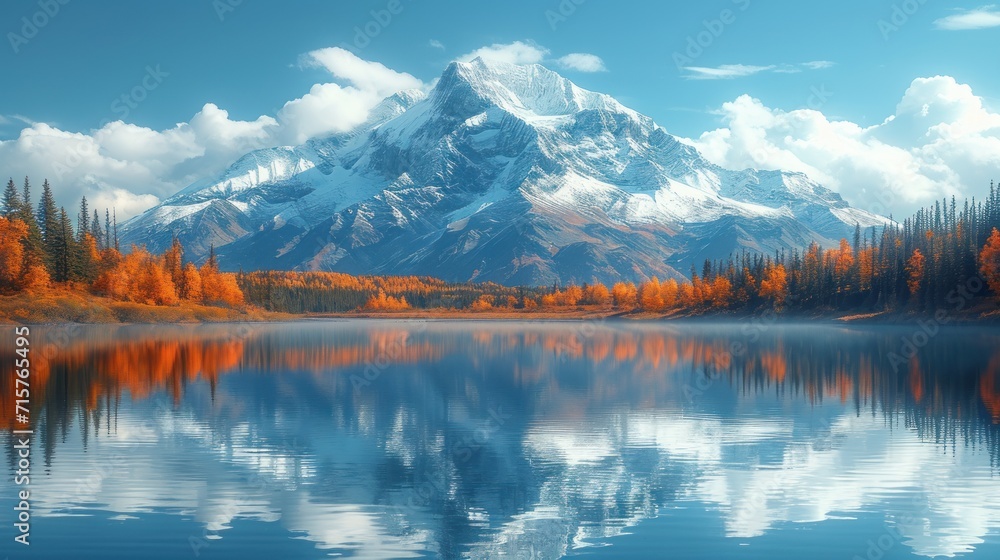 Poster a mountain is in the background with a lake in the foreground and trees in the foreground, with a bl