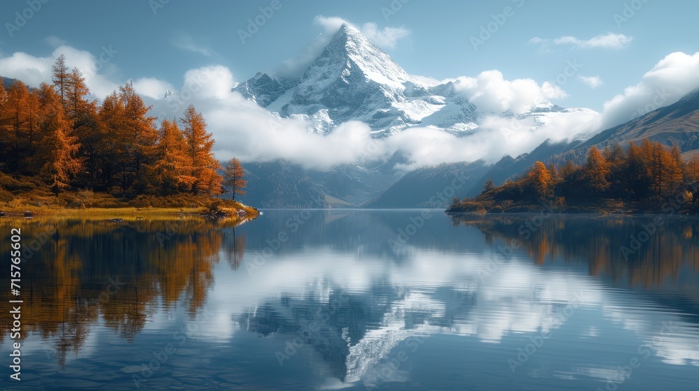 Poster a mountain is in the distance with a lake in the foreground and trees in the foreground, and a body 