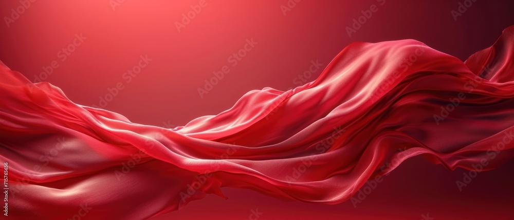 Poster a red silk fabric blowing in the wind on a dark red background with a red light in the middle of the