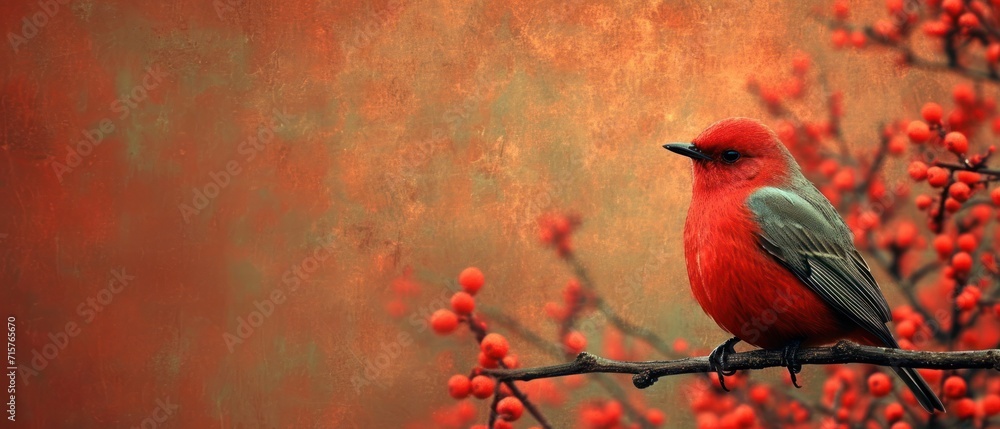 Poster a red bird sitting on a branch of a tree with red berries in the foreground and a red wall in the ba