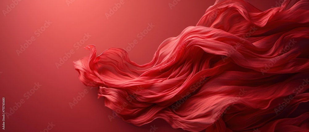 Poster a red silk fabric blowing in the wind on a red background with a red light in the middle of the imag