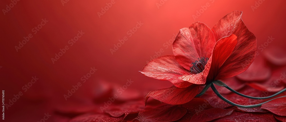 Poster a close up of a red flower on a red background with a blurry image of leaves on the bottom and botto