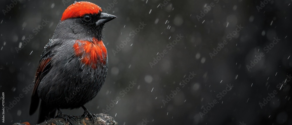 Poster a red and black bird sitting on top of a tree branch in the middle of a snow storm with drops of rai