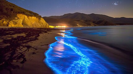 Glimmering waves embrace the shore, as luminescent algae paint the sea with an ethereal glow