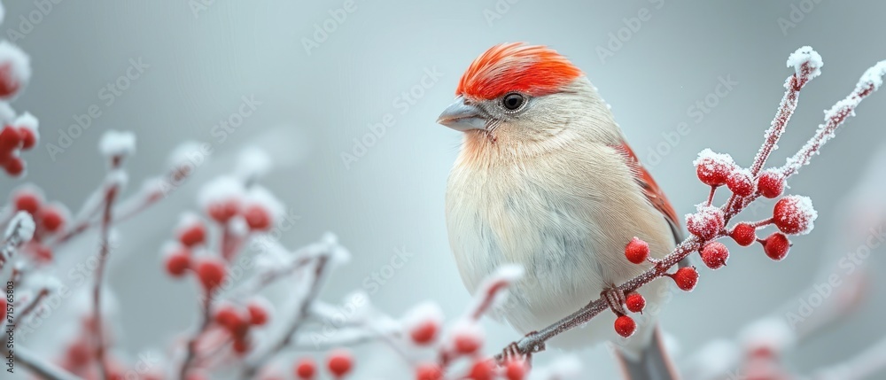 Aufkleber a red and white bird sitting on top of a branch of a tree covered in snow covered berries and ice co