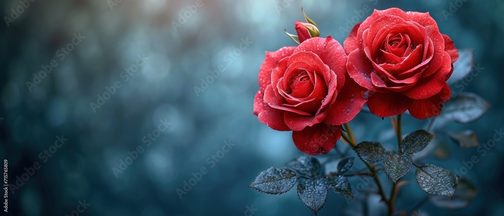Poster a close up of two red roses with water droplets on them and a blurry background is in the foreground