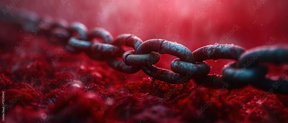 Poster a close up of a metal chain on a red surface with drops of water on the chain and on the end of the 