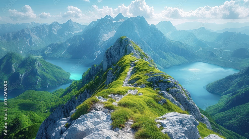 Aufkleber an aerial view of a mountain range with a lake in the foreground and a mountain range in the far dis