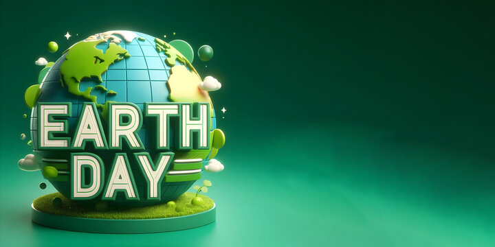 Earth day 3d text with earth globe on green background, banner with space for texr