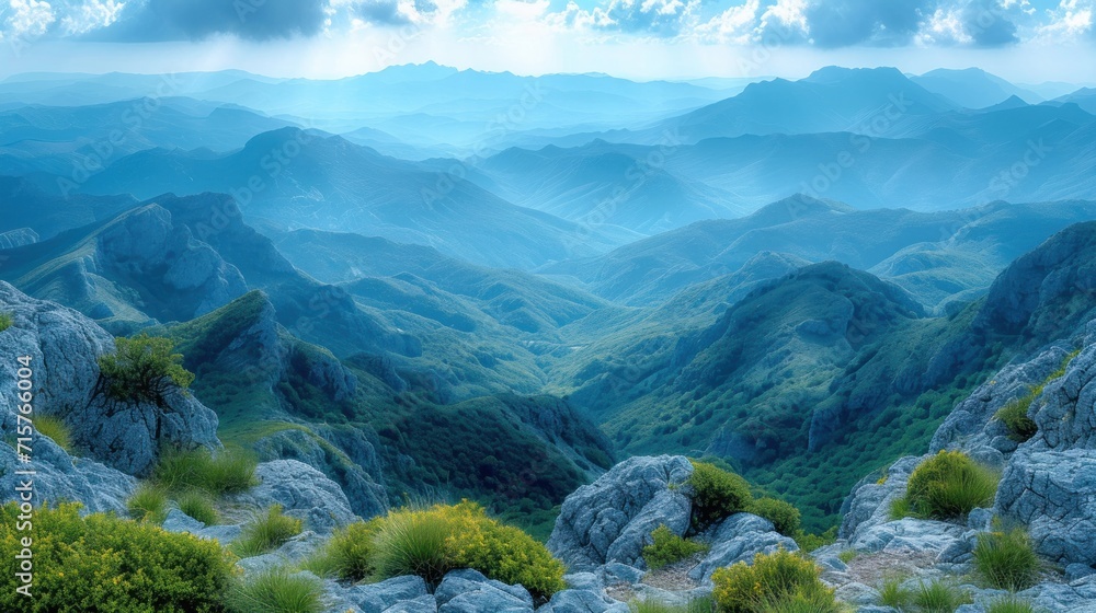 Poster a view of a mountain range from a high point of view of a valley with mountains in the distance and 