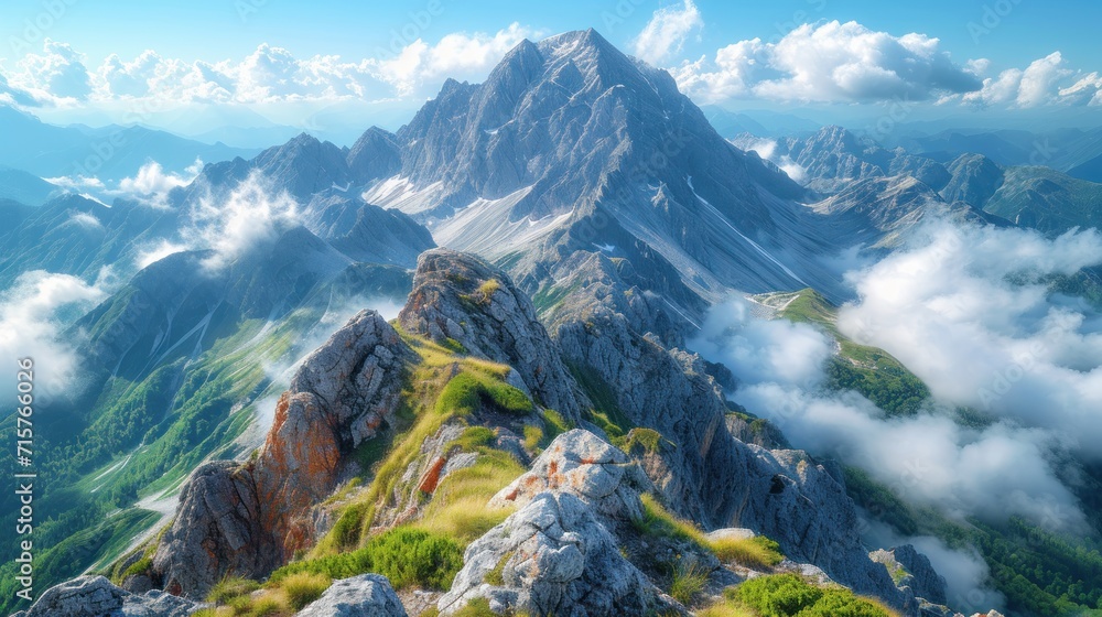 Aufkleber a view of the top of a mountain from the top of a hill with clouds and grass on the ground and in th