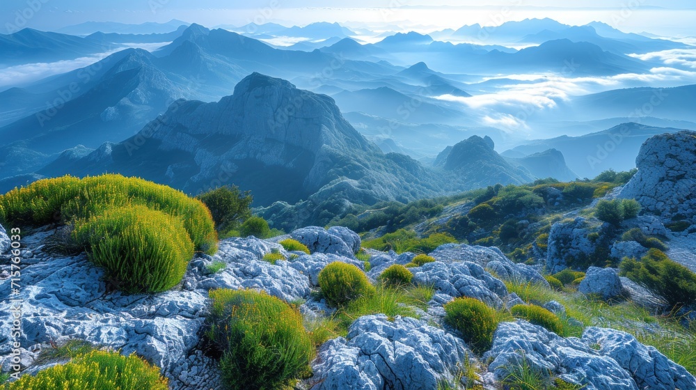 Poster a view of a mountain range from a high point of view of clouds and mountains in the distance, with g