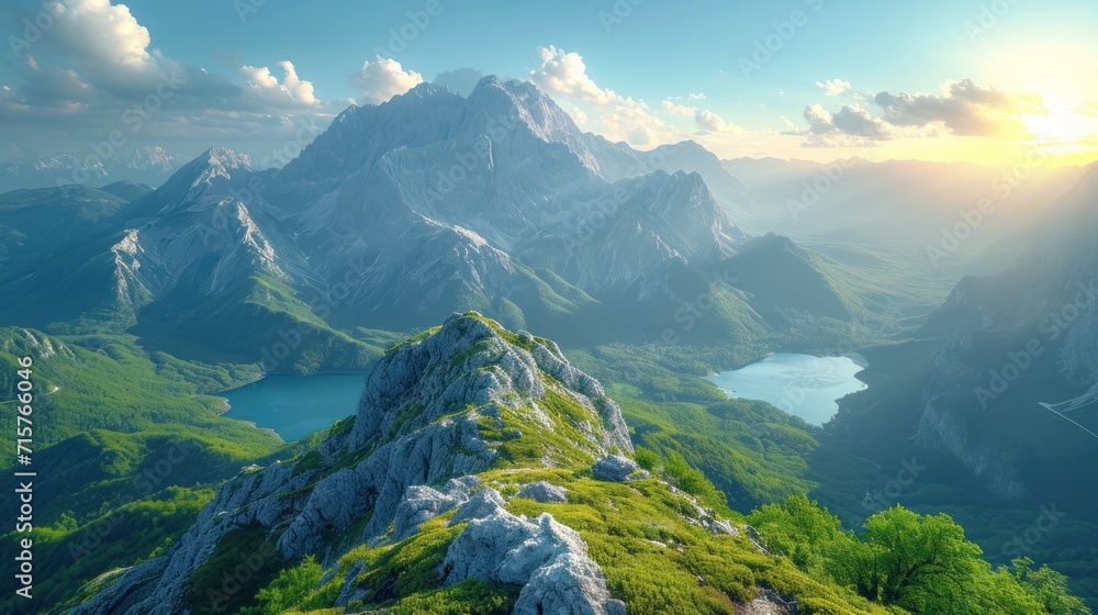 Aufkleber an aerial view of a mountain range with a lake in the foreground and a mountain range in the backgro