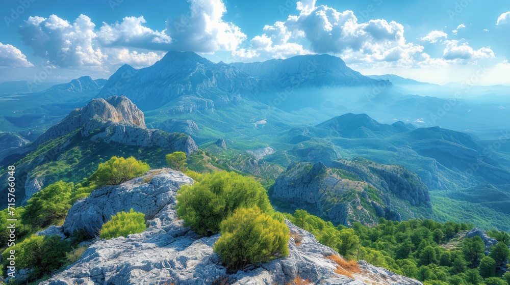 Poster a scenic view of a mountain range with green trees on the top and a blue sky with white clouds in th