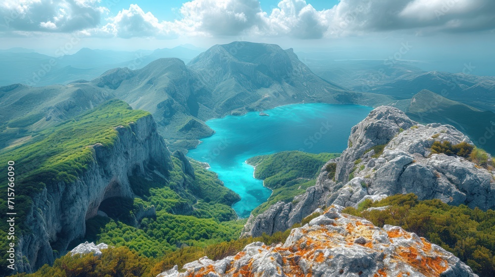 Poster an aerial view of a mountain range with a body of water in the middle of it and a few mountains in t