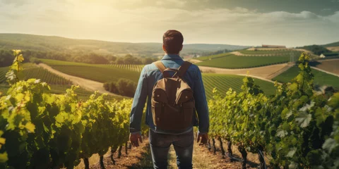 Zelfklevend Fotobehang Sunset Harvest: A Rural Vineyard, a Passionate Winegrower, and the Splendor of Italian Countryside © SHOTPRIME STUDIO