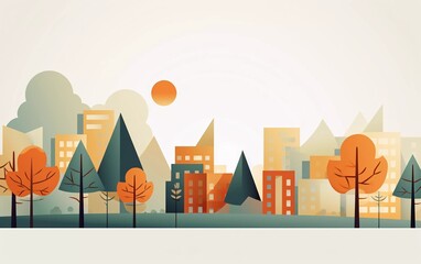 Vector illustration in simple minimal geometric flat style - city landscape with buildings, hills and trees. beautiful view

